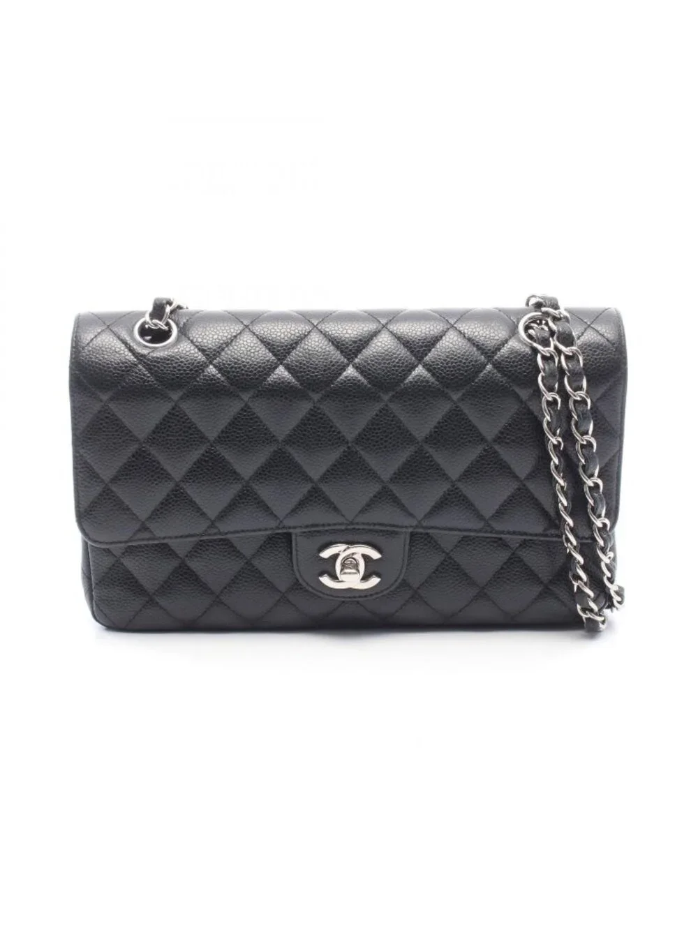 Chanel Shoulder Bag Quilted Double Flap Black Caviar Leather Chain
